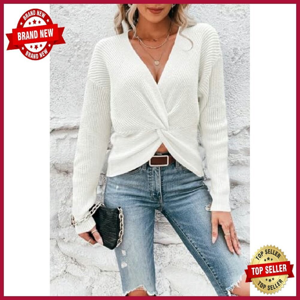 Cropped V-Neck Knit Sweater Long Sleeve Pullover Casual Tops - Picture 3 of 8